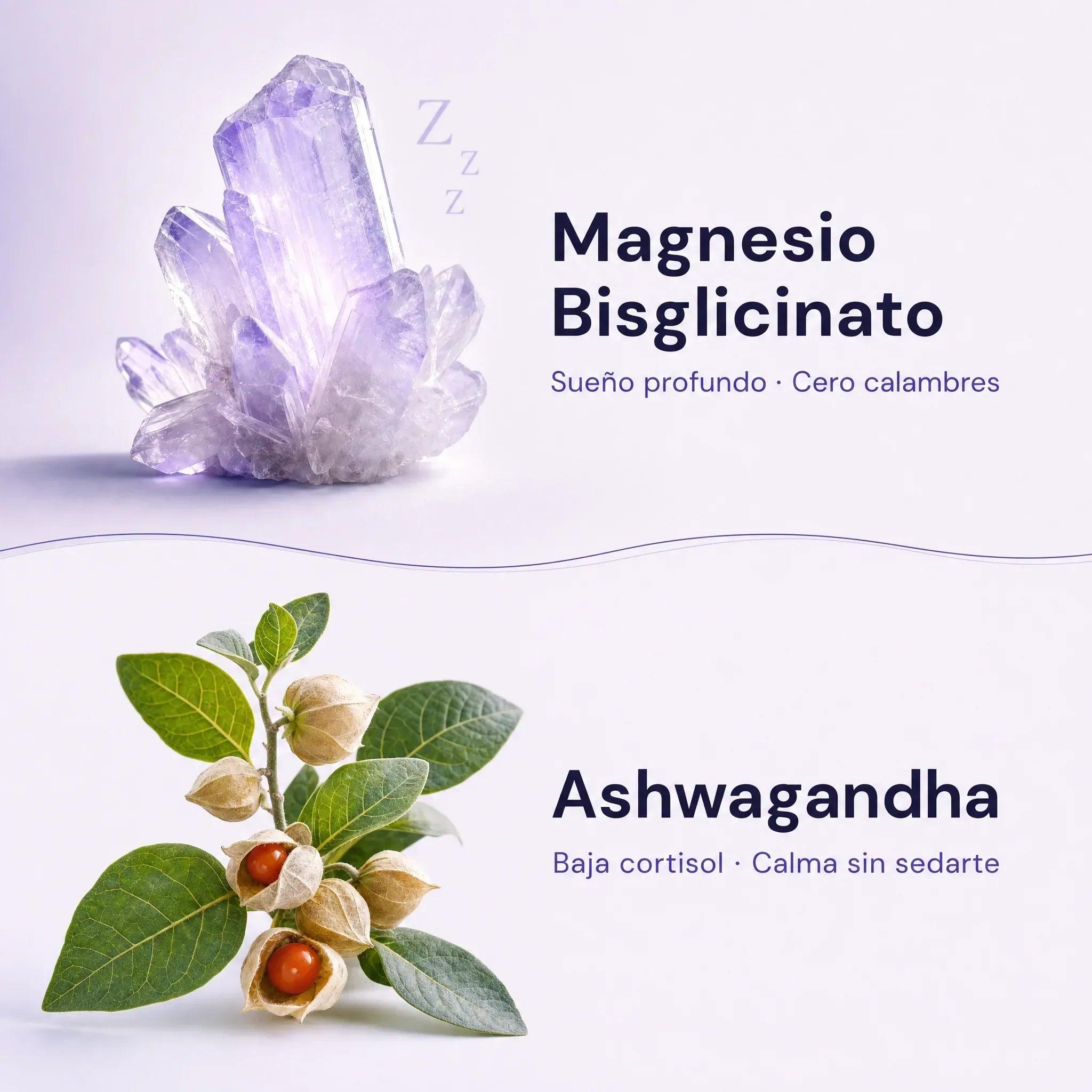Ingredientes KOVA Paz Mental: Magnesio Bisglicinato para sueño profundo y cero calambres, y Ashwagandha para bajar cortisol y calma sin sedarte.