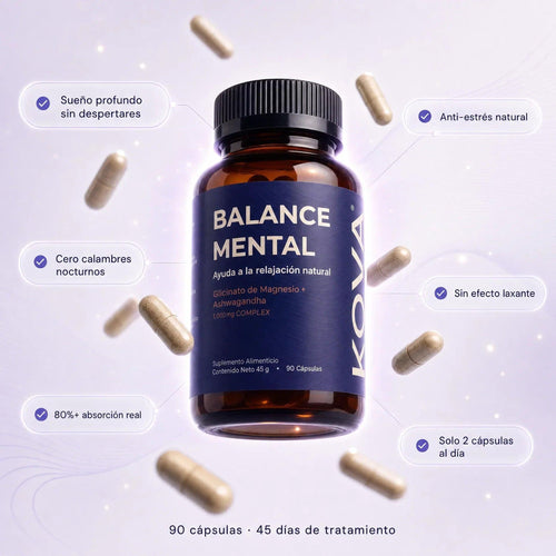 KOVA Balance Mental – frasco de 90 cápsulas de Glicinato de Magnesio + Ashwagandha con beneficios: sueño profundo, anti-estrés, sin efecto laxante, 80% absorción real. Solo 2 cápsulas al día.