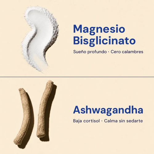 Suplemento alimenticio KOVA Paz Mental con glicinato de magnesio y ashwagandha, envase con cápsulas y etiqueta en color azul y blanco
