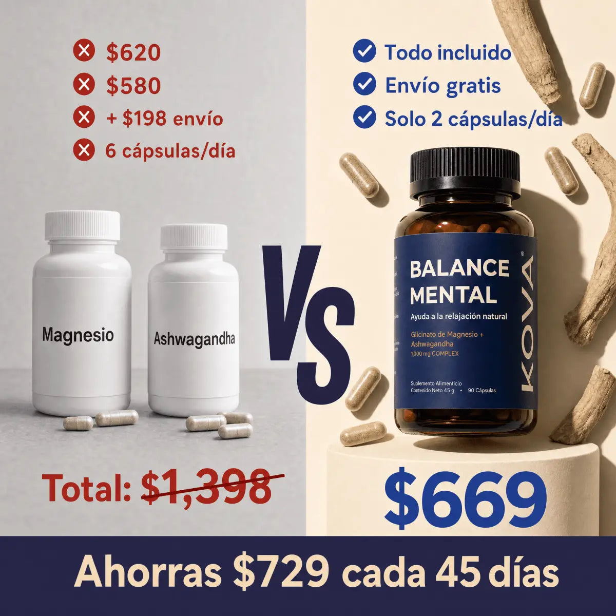 Suplemento alimenticio KOVA Paz Mental con glicinato de magnesio y ashwagandha, botella con etiquetas y cápsulas blancas.
