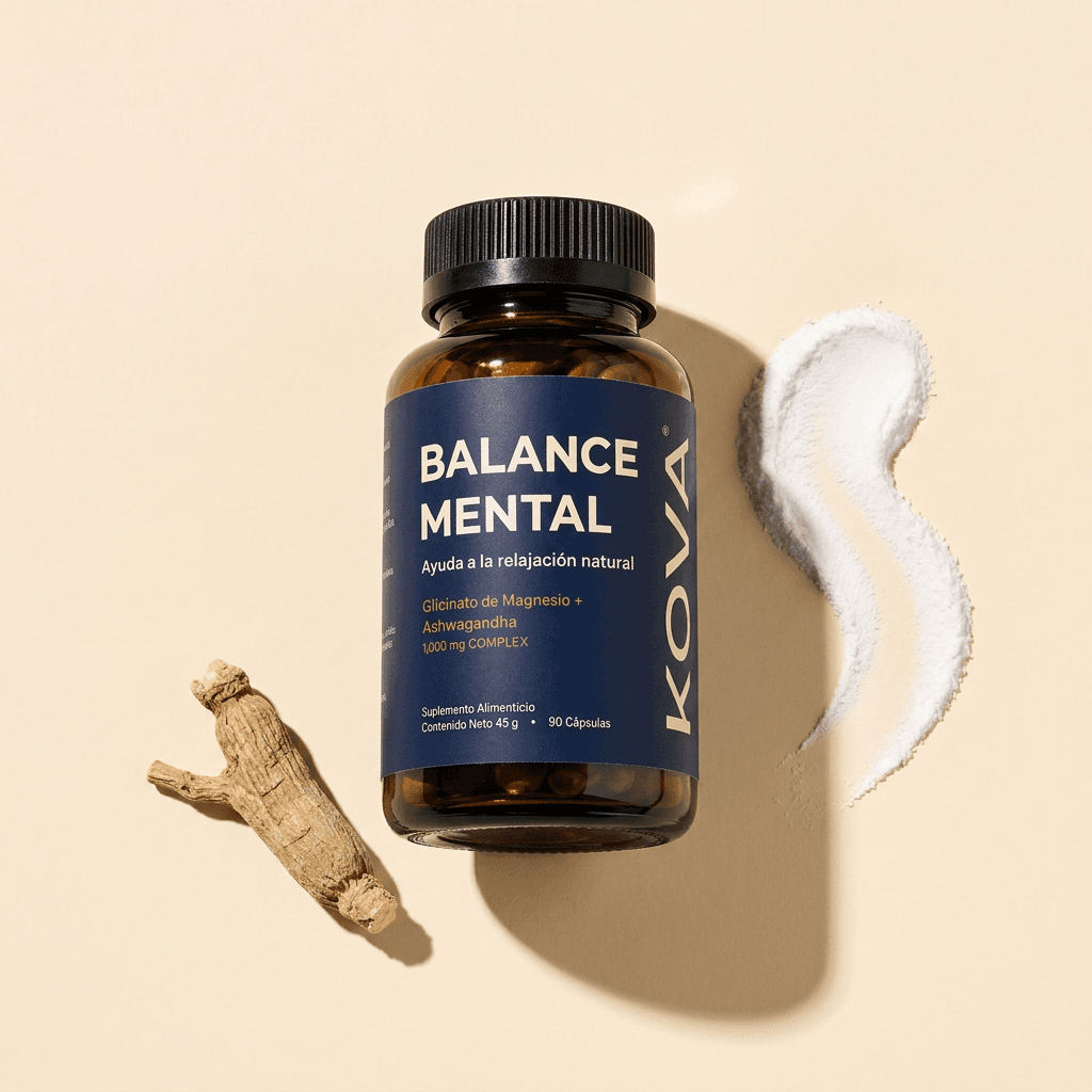 Suplemento alimenticio KOVA Paz Mental con glicinato de magnesio y ashwagandha, en envase con cápsulas y etiqueta visible