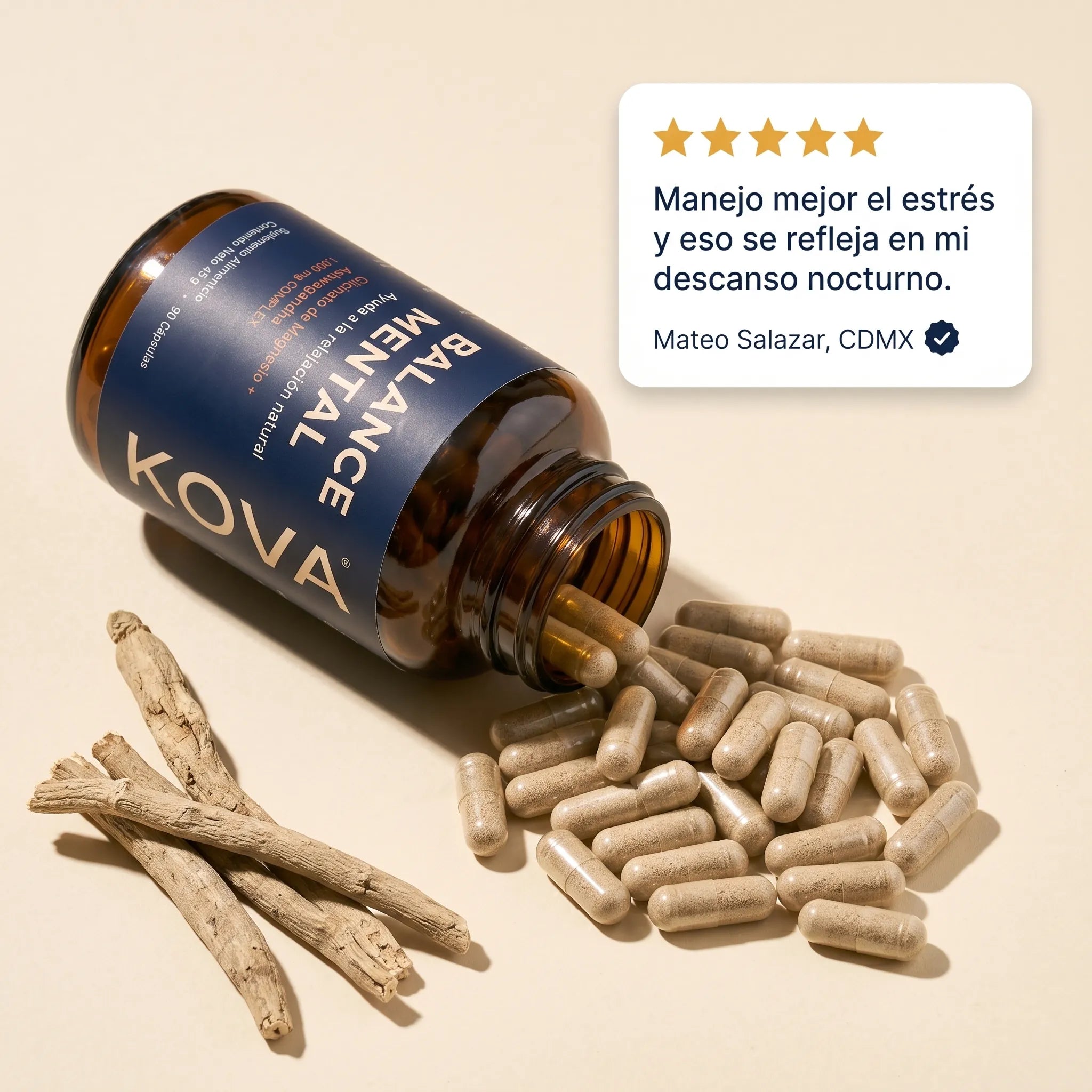 Frasco de KOVA Balance Mental con cápsulas de glicinato de magnesio y ashwagandha y raíz de ashwagandha, reseña 5 estrellas