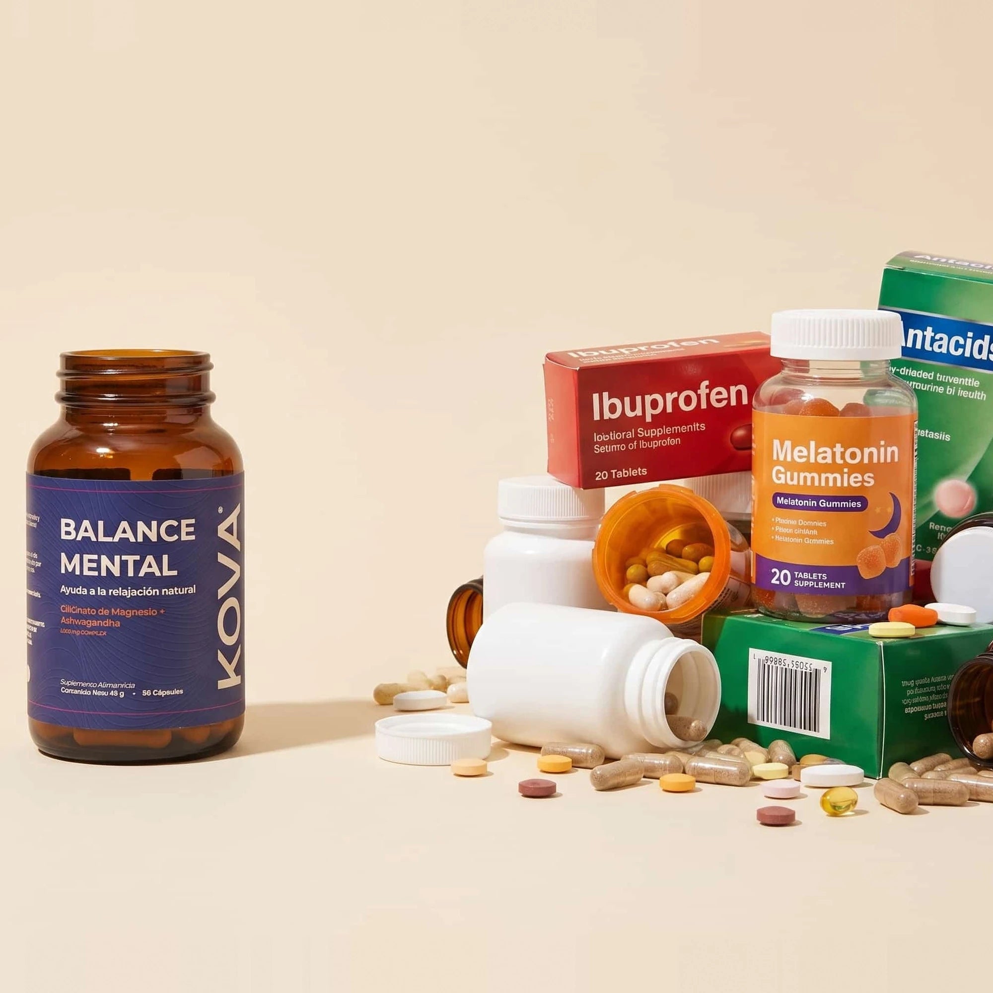 Frasco de KOVA Balance Mental con glicinato de magnesio y ashwagandha junto al montón de pastillas y suplementos que reemplaza.